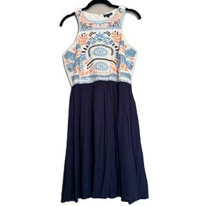 Lovposh Women's Embroidered Dress Sleeveless Lined Navy Blue Floral Small EUC